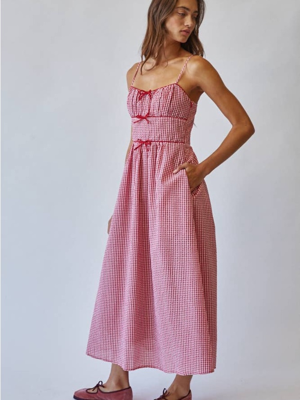 Red Gingham Midi Sundress with Spaghetti Straps - Picture 4 of 7